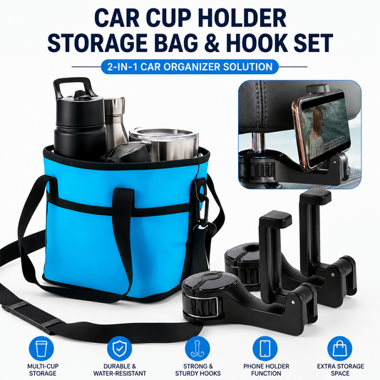 Black and Blue Foldable 4-Zone Car Insulated Drink Carrier Bag Bonus 2 Pack Mutifunctional Headrest Hook Phone Holders, No-Spill Car Cup Holder Organizer and Back Seat Mobile Phone Mount Travel Set for Most Water Bottles