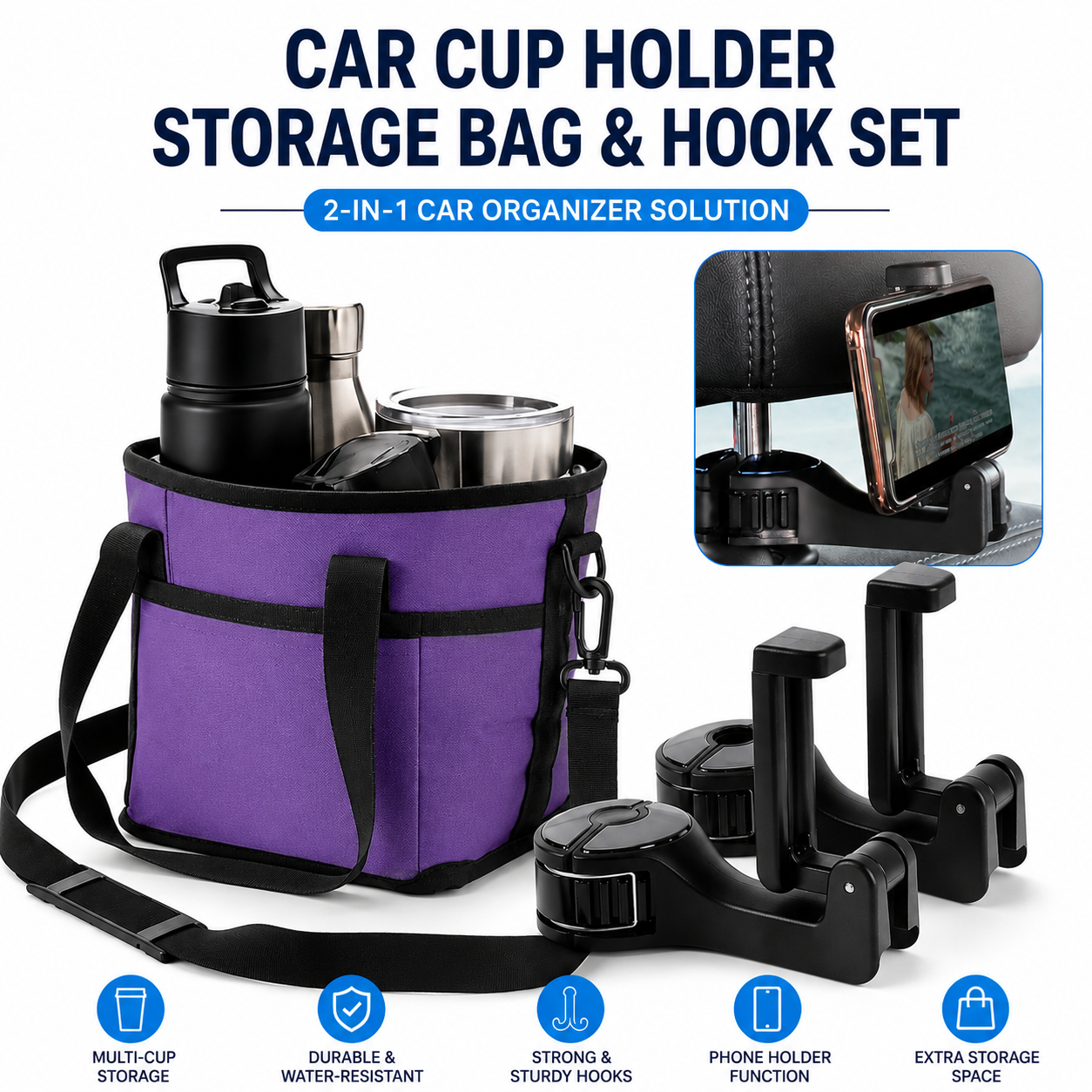 Black and Purple Foldable 4-Zone Car Insulated Drink Carrier Bag Bonus 2 Pack Mutifunctional Headrest Hook Phone Holders, No-Spill Car Cup Holder Organizer and Back Seat Mobile Phone Mount Travel Set for Most Water Bottles