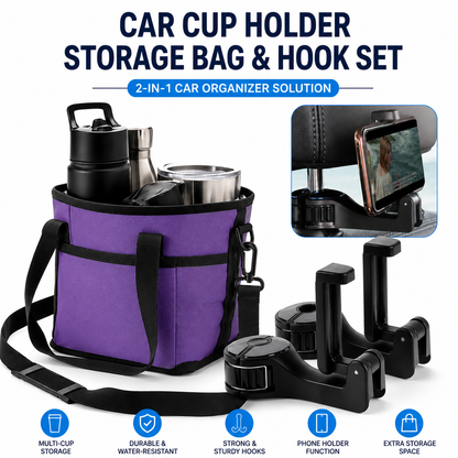 Black and Purple Foldable 4-Zone Car Insulated Drink Carrier Bag Bonus 2 Pack Mutifunctional Headrest Hook Phone Holders, No-Spill Car Cup Holder Organizer and Back Seat Mobile Phone Mount Travel Set for Most Water Bottles