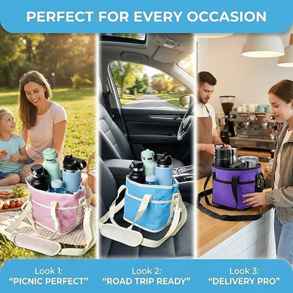 Black and Purple Foldable 4-Zone Car Insulated Drink Carrier Bag Bonus 2 Pack Mutifunctional Headrest Hook Phone Holders, No-Spill Car Cup Holder Organizer and Back Seat Mobile Phone Mount Travel Set for Most Water Bottles