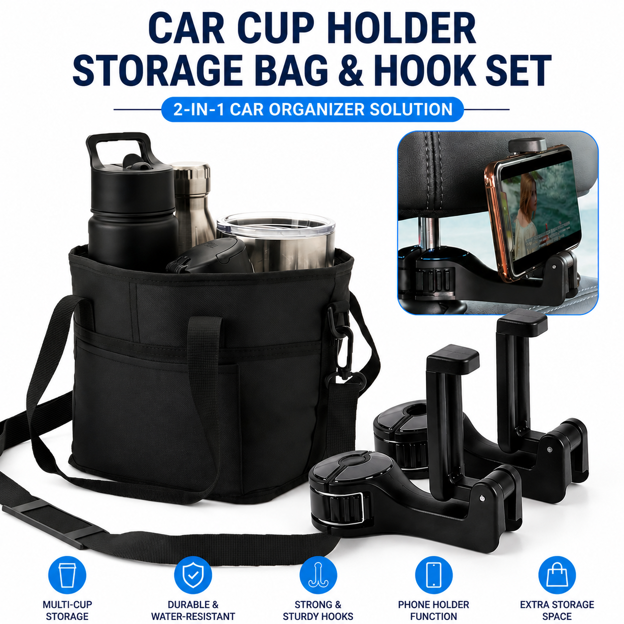 Black Foldable 4-Zone Car Insulated Drink Carrier Bag Bonus 2 Pack Mutifunctional Headrest Hook Phone Holders, No-Spill Car Cup Holder Organizer and Back Seat Mobile Phone Mount Travel Set for Most Water Bottles