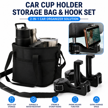 Black Foldable 4-Zone Car Insulated Drink Carrier Bag Bonus 2 Pack Mutifunctional Headrest Hook Phone Holders, No-Spill Car Cup Holder Organizer and Back Seat Mobile Phone Mount Travel Set for Most Water Bottles