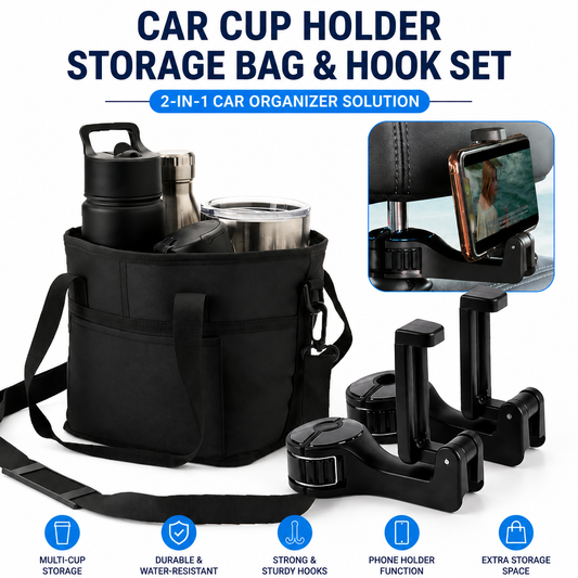 Black Foldable 4-Zone Car Insulated Drink Carrier Bag Bonus 2 Pack Mutifunctional Headrest Hook Phone Holders, No-Spill Car Cup Holder Organizer and Back Seat Mobile Phone Mount Travel Set for Most Water Bottles