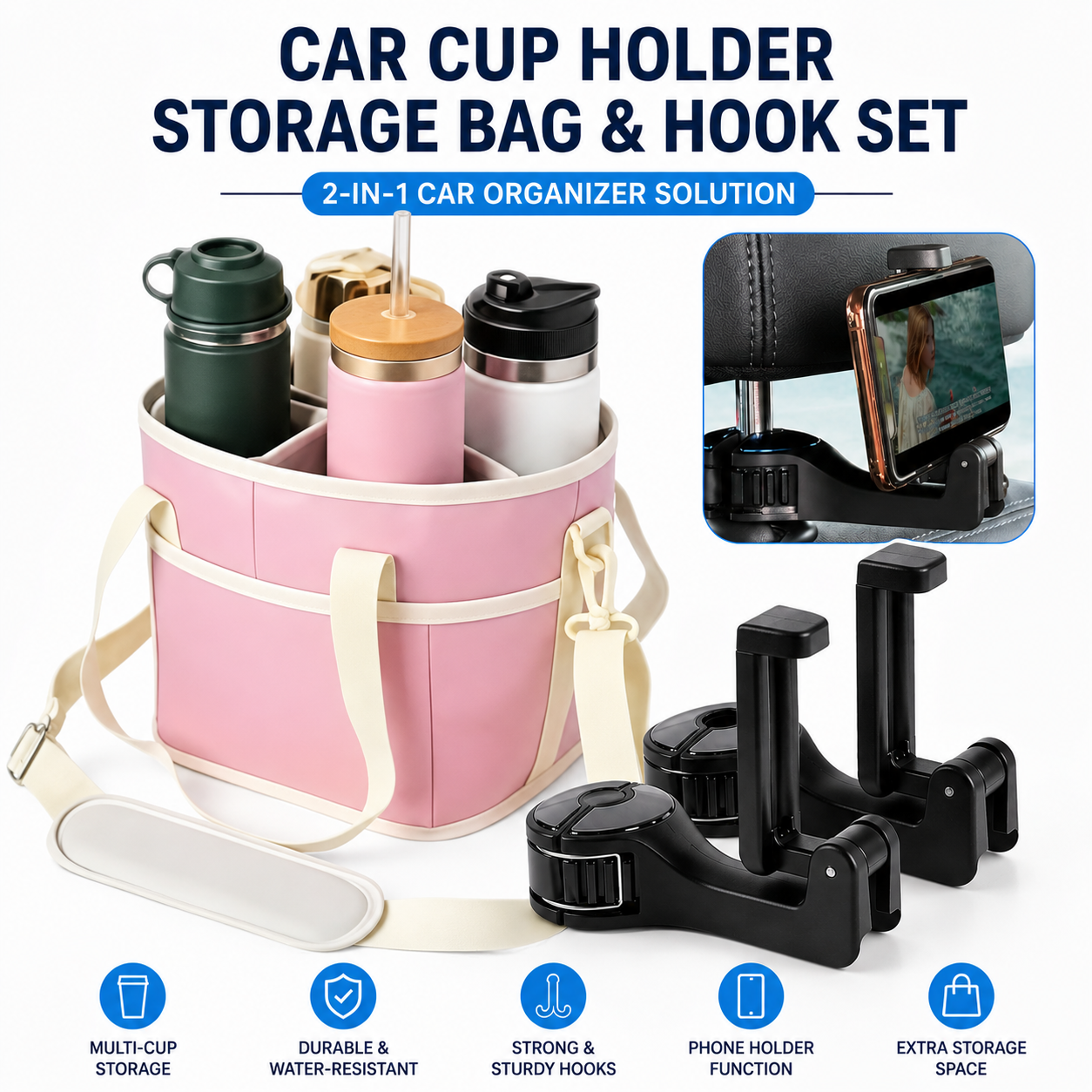 Pink Foldable 4-Zone Car Insulated Drink Carrier Bag Bonus 2 Pack Mutifunctional Headrest Hook Phone Holders, No-Spill Car Cup Holder Organizer and Back Seat Mobile Phone Mount Travel Set for Most Water Bottles