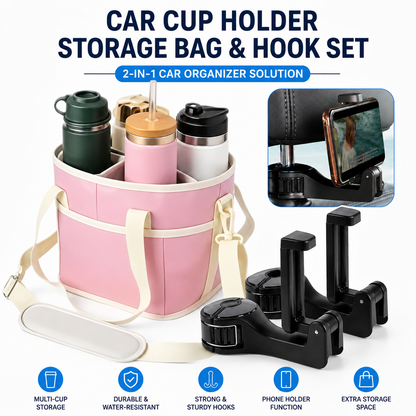 Pink Foldable 4-Zone Car Insulated Drink Carrier Bag Bonus 2 Pack Mutifunctional Headrest Hook Phone Holders, No-Spill Car Cup Holder Organizer and Back Seat Mobile Phone Mount Travel Set for Most Water Bottles