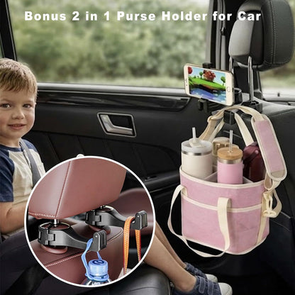 Pink Foldable 4-Zone Car Insulated Drink Carrier Bag Bonus 2 Pack Mutifunctional Headrest Hook Phone Holders, No-Spill Car Cup Holder Organizer and Back Seat Mobile Phone Mount Travel Set for Most Water Bottles