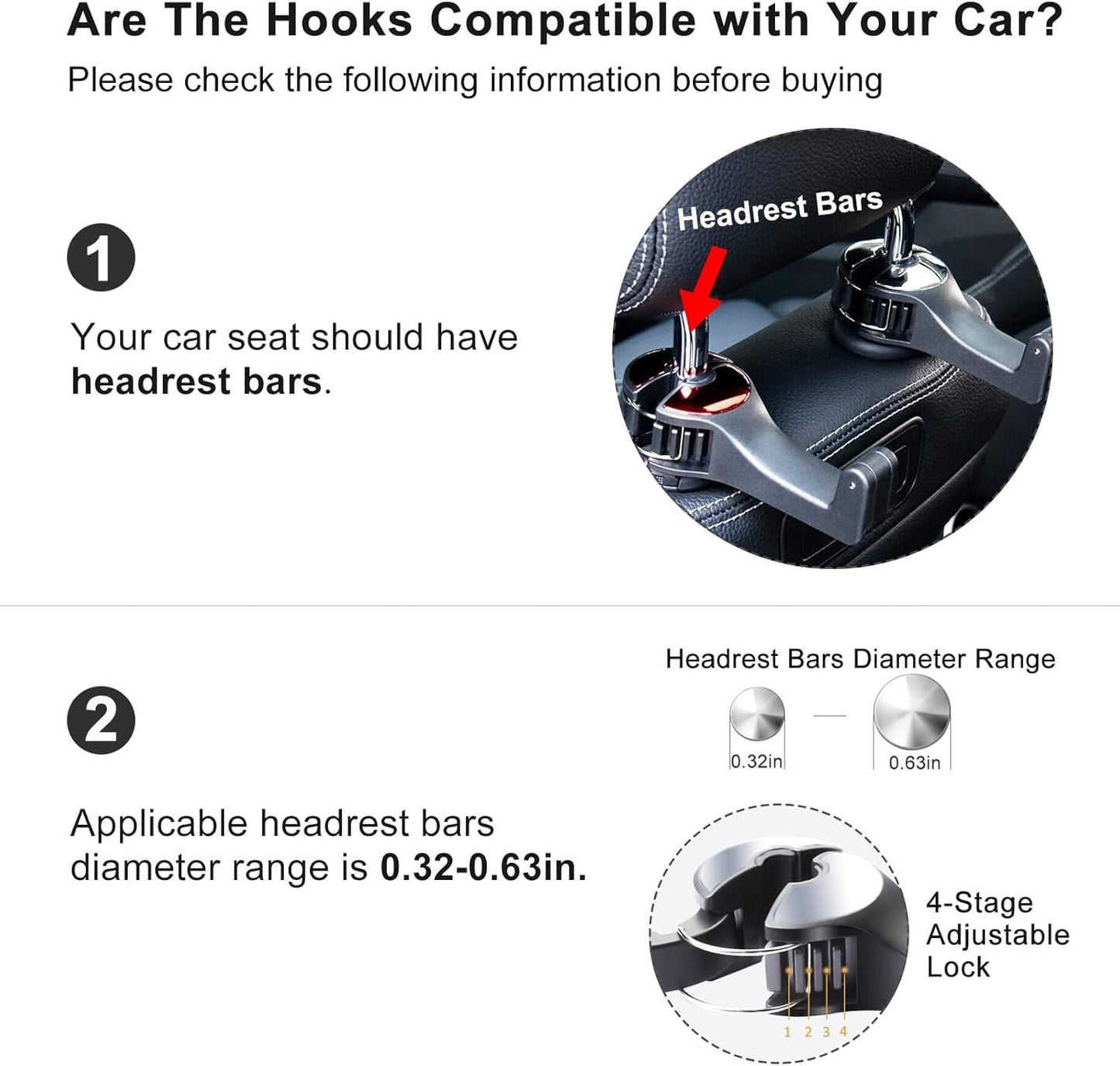4 Pack Black Car Headrest Hook with Phone Holder for Purses Bags and 4-6.5 Inch Smartphones, Universal 360 Rotation Back Seat Storage Hook and Mobile Stand