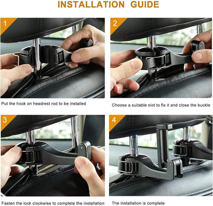 4 Pack Red Car Headrest Hook with Phone Holder for Purses Bags and 4-6.5 Inch Smartphones, Universal 360 Rotation Back Seat Storage Hook and Mobile Stand