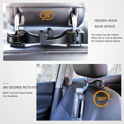 4 Pack Gold Car Headrest Hook with Phone Holder for Purses Bags and 4-6.5 Inch Smartphones, Universal 360 Rotation Back Seat Storage Hook and Mobile Stand
