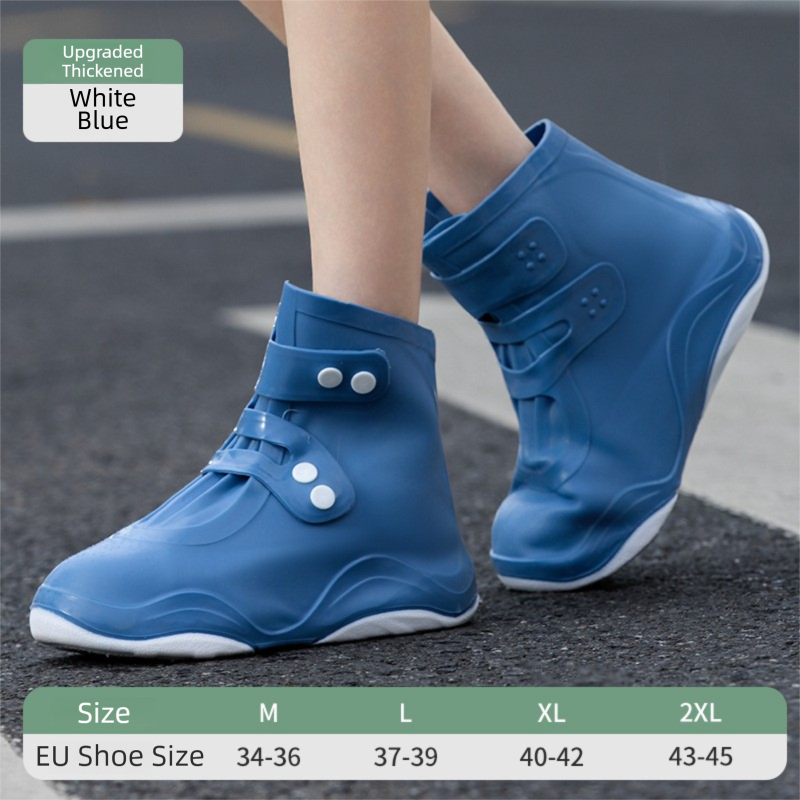 Thickened Waterproof Silicone Rain Shoe Covers with Adjustable Double Buckle Closure, Durable Non-Slip Reusable Overshoes for Men and Women Hiking Camping Daily Use, Blue White Blocking, 2XL Size (EU 43-45)