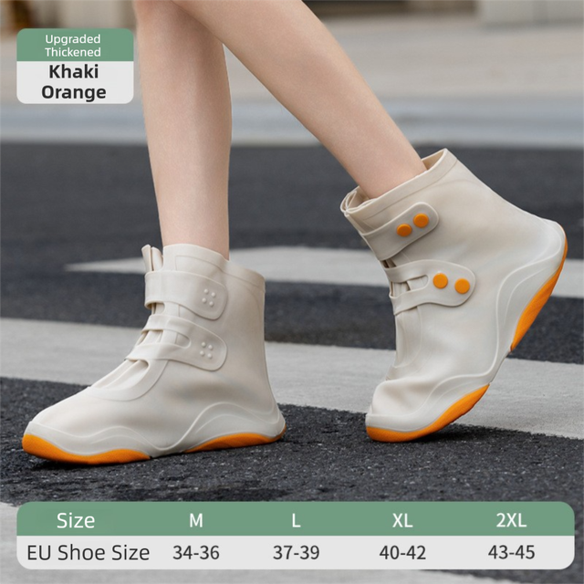 Thickened Waterproof Silicone Rain Shoe Covers with Adjustable Double Buckle Closure, Durable Non-Slip Reusable Overshoes for Men and Women Hiking Camping Daily Use, Khaki Orange Blocking, L Size (EU 37-39)