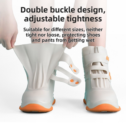 Thickened Waterproof Silicone Rain Shoe Covers with Adjustable Double Buckle Closure, Durable Non-Slip Reusable Overshoes for Men and Women Hiking Camping Daily Use, Grey White Blocking, L Size (EU 37-39)