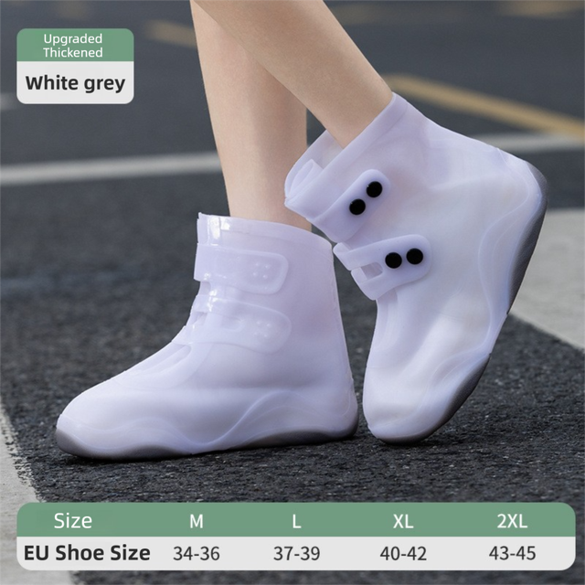 Thickened Waterproof Silicone Rain Shoe Covers with Adjustable Double Buckle Closure, Durable Non-Slip Reusable Overshoes for Men and Women Hiking Camping Daily Use, Grey White Blocking, 2XL Size (EU 43-45)