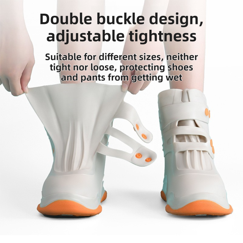 Thickened Waterproof Silicone Rain Shoe Covers with Adjustable Double Buckle Closure, Durable Non-Slip Reusable Overshoes for Men and Women Hiking Camping Daily Use, Grey White Blocking, 2XL Size (EU 43-45)