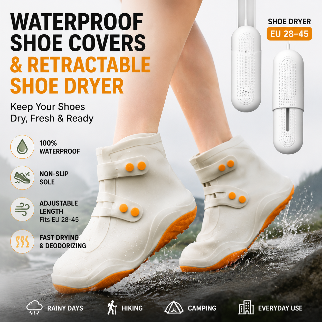 Thickened Waterproof Silicone Rain Shoe Covers and USB Powered Telescopic 3-Setting Timer Shoe Dryer Set for Rainy Season Commuting Camping Hiking Use, Reusable Non-Slip Overshoes with Double Buckle Closure, Khaki Orange Blocking, M Size (EU 34-36)