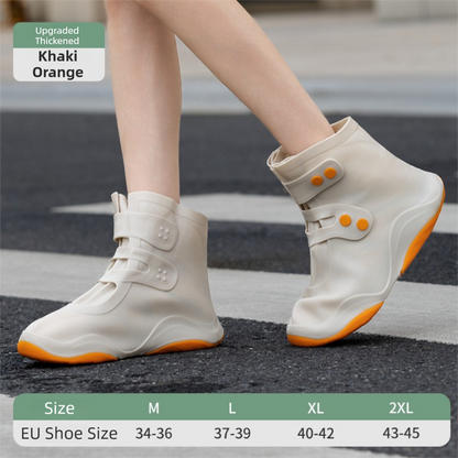 Thickened Waterproof Silicone Rain Shoe Covers and USB Powered Telescopic 3-Setting Timer Shoe Dryer Set for Rainy Season Commuting Camping Hiking Use, Reusable Non-Slip Overshoes with Double Buckle Closure, Khaki Orange Blocking, M Size (EU 34-36)