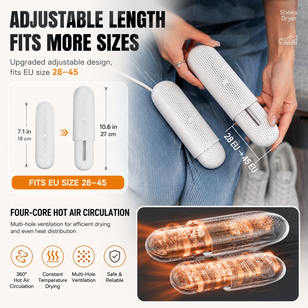 Thickened Waterproof Silicone Rain Shoe Covers and USB Powered Telescopic 3-Setting Timer Shoe Dryer Set for Rainy Season Commuting Camping Hiking Use, Reusable Non-Slip Overshoes with Double Buckle Closure, Khaki Orange Blocking, L Size (EU 37-39)
