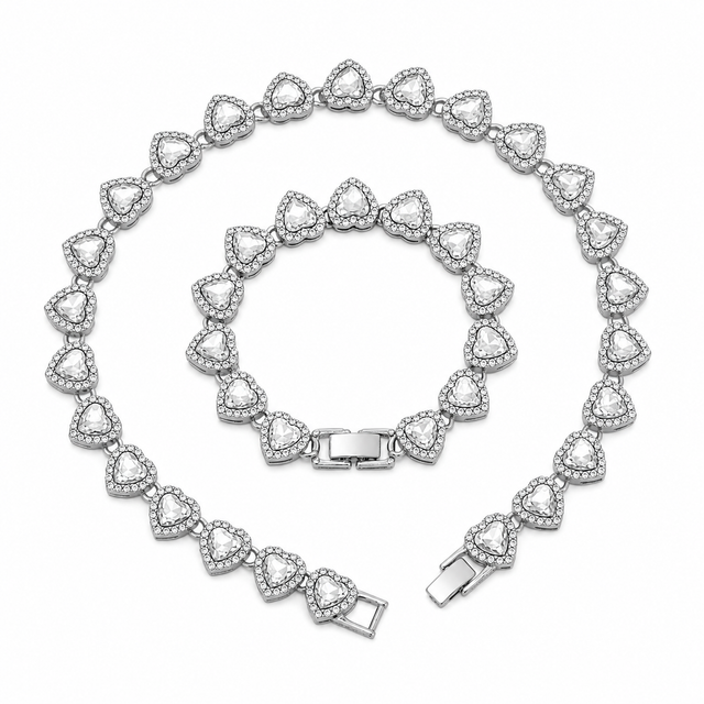 Silver-Plated Heart Rhinestone Cuban Link 20 inch Tennis Necklace and 8 inch Tennis Bracelet Set for Women, Crystal Heart Chain Fashion Jewelry Accessories with Gift Box