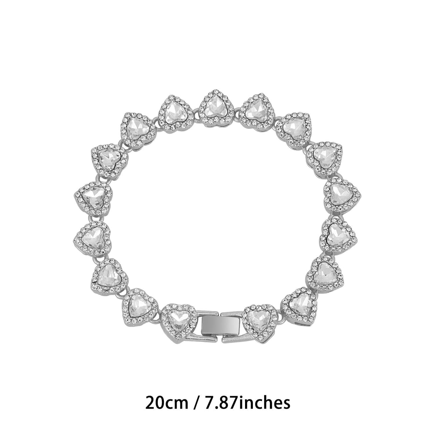Silver-Plated Heart Rhinestone Cuban Link 20 inch Tennis Necklace and 8 inch Tennis Bracelet Set for Women, Crystal Heart Chain Fashion Jewelry Accessories with Gift Box