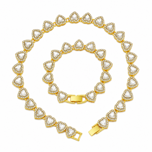 Gold-Plated Heart Rhinestone Cuban Link 20 inch Tennis Necklace and 8 inch Tennis Bracelet Set for Women, Crystal Heart Chain Fashion Jewelry Accessories with Gift Box