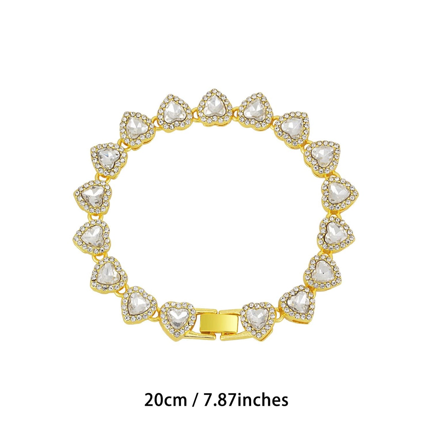 Gold-Plated Heart Rhinestone Cuban Link 20 inch Tennis Necklace and 8 inch Tennis Bracelet Set for Women, Crystal Heart Chain Fashion Jewelry Accessories with Gift Box