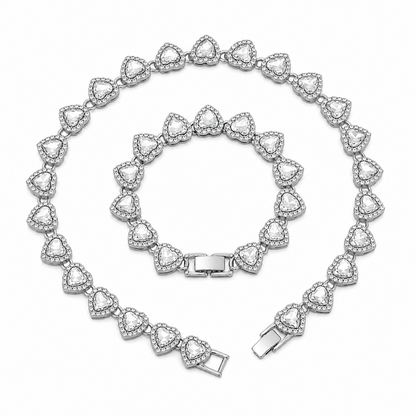 Silver-Plated Heart Rhinestone Cuban Link 18 inch Tennis Necklace and 7 inch Tennis Bracelet Set for Women, Crystal Heart Chain Fashion Jewelry Accessories with Gift Box