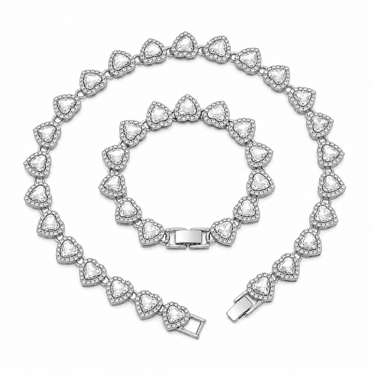 Silver-Plated Heart Rhinestone Cuban Link 18 inch Tennis Necklace and 7 inch Tennis Bracelet Set for Women, Crystal Heart Chain Fashion Jewelry Accessories with Gift Box
