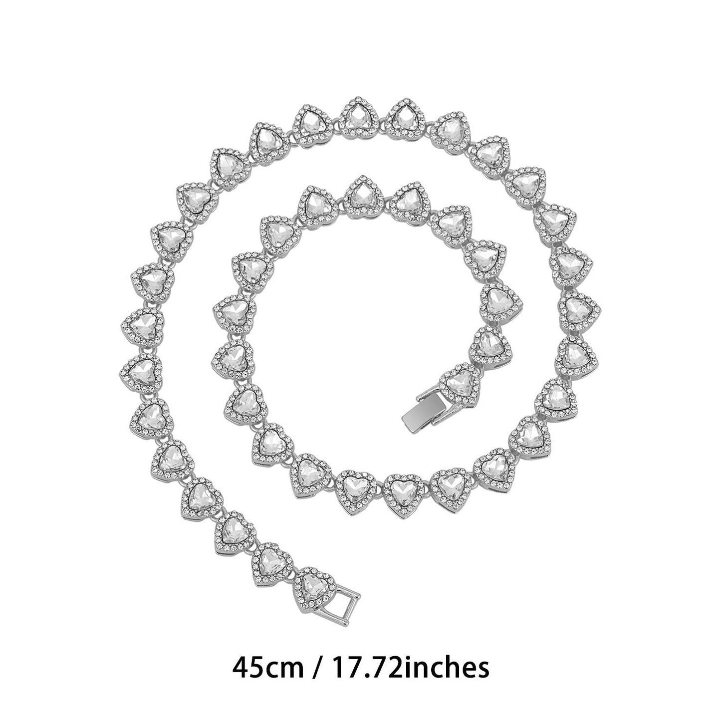 Silver-Plated Heart Rhinestone Cuban Link 18 inch Tennis Necklace and 7 inch Tennis Bracelet Set for Women, Crystal Heart Chain Fashion Jewelry Accessories with Gift Box