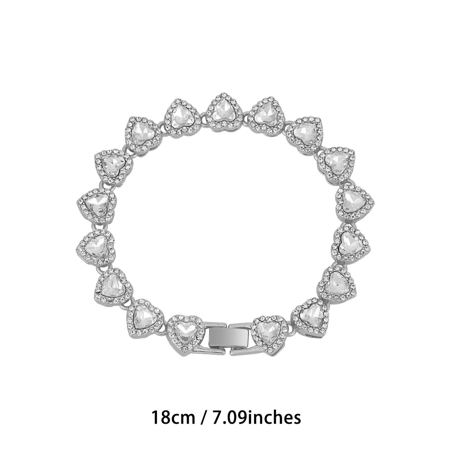 Silver-Plated Heart Rhinestone Cuban Link 18 inch Tennis Necklace and 7 inch Tennis Bracelet Set for Women, Crystal Heart Chain Fashion Jewelry Accessories with Gift Box