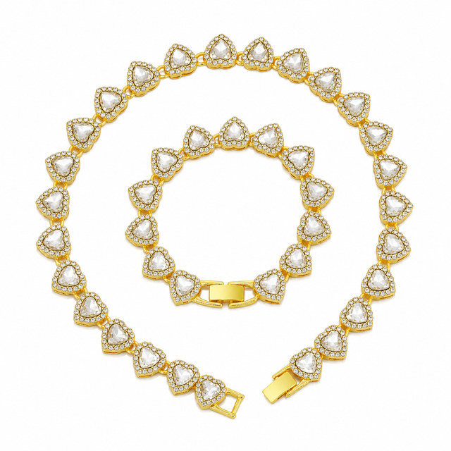 Gold-Plated Heart Rhinestone Cuban Link 18 inch Tennis Necklace and 7 inch Tennis Bracelet Set for Women, Crystal Heart Chain Fashion Jewelry Accessories with Gift Box