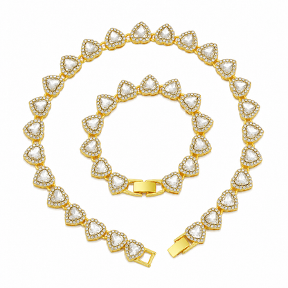 Gold-Plated Heart Rhinestone Cuban Link 18 inch Tennis Necklace and 7 inch Tennis Bracelet Set for Women, Crystal Heart Chain Fashion Jewelry Accessories with Gift Box