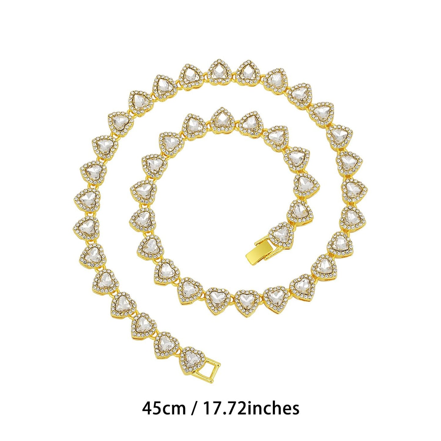 Gold-Plated Heart Rhinestone Cuban Link 18 inch Tennis Necklace and 7 inch Tennis Bracelet Set for Women, Crystal Heart Chain Fashion Jewelry Accessories with Gift Box