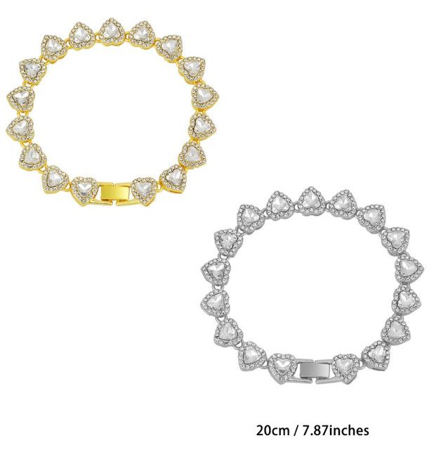 8 inch Silver-Plated & Gold-Plated Heart Rhinestone Tennis Bracelet for Women, Crystal Heart Chain Fashion Jewelry Accessories with Gift Box (2 Pack)