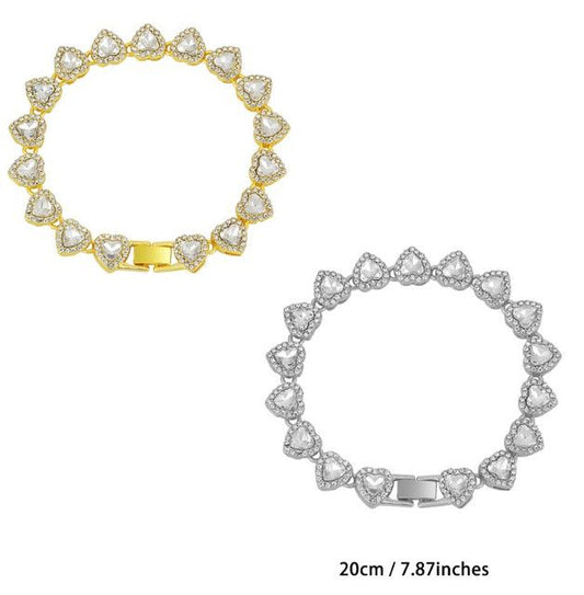 8 inch Silver-Plated & Gold-Plated Heart Rhinestone Tennis Bracelet for Women, Crystal Heart Chain Fashion Jewelry Accessories with Gift Box (2 Pack)