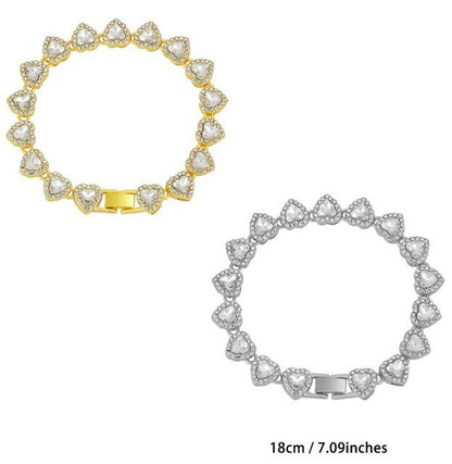 7 inch Silver-Plated & Gold-Plated Heart Rhinestone Tennis Bracelet for Women, Crystal Heart Chain Fashion Jewelry Accessories with Gift Box (2 Pack)