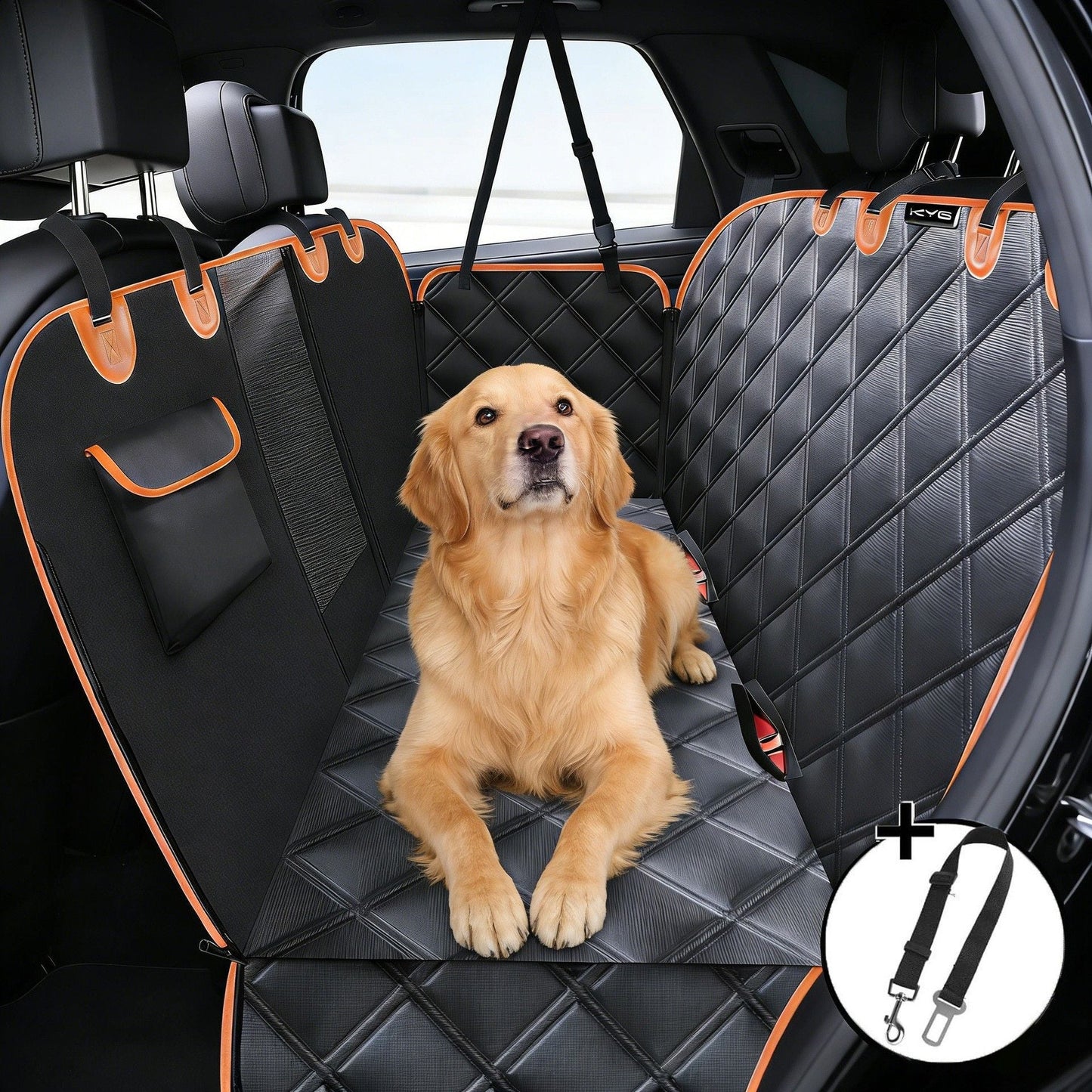 Waterproof Dog Car Rear Seat Protector 135 x 148CM - Durable Oxford Non Slip Pet Hammock with Storage Pockets , Zipper Mesh Window and 6 Fixed Buckles, Seat Belt Access Opening and Pet Leash