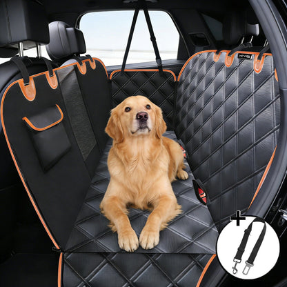 Waterproof Dog Car Rear Seat Protector 135 x 148CM - Durable Oxford Non Slip Pet Hammock with Storage Pockets , Zipper Mesh Window and 6 Fixed Buckles, Seat Belt Access Opening and Pet Leash