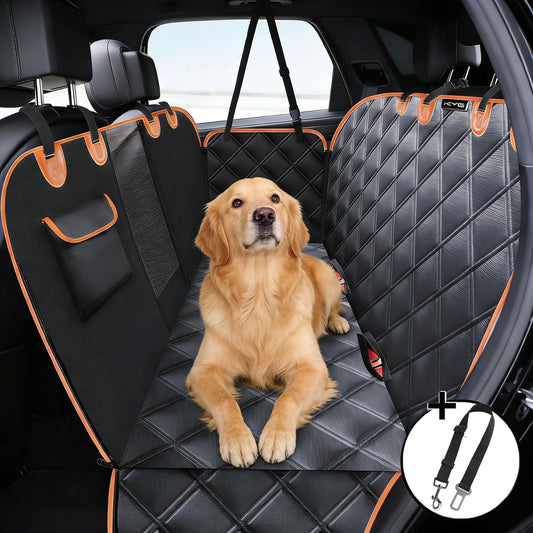 Waterproof Dog Car Rear Seat Protector 135 x 148CM - Durable Oxford Non Slip Pet Hammock with Storage Pockets , Zipper Mesh Window and 6 Fixed Buckles, Seat Belt Access Opening and Pet Leash