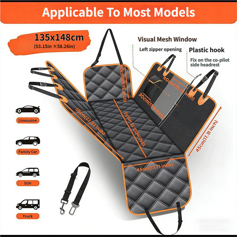 Waterproof Dog Car Rear Seat Protector 135 x 148CM - Durable Oxford Non Slip Pet Hammock with Storage Pockets , Zipper Mesh Window and 6 Fixed Buckles, Seat Belt Access Opening and Pet Leash