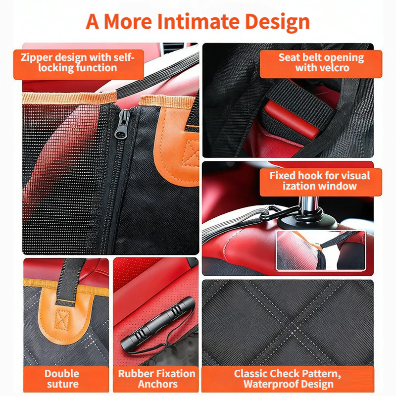 Waterproof Dog Car Rear Seat Protector 135 x 148CM - Durable Oxford Non Slip Pet Hammock with Storage Pockets , Zipper Mesh Window and 6 Fixed Buckles, Seat Belt Access Opening and Pet Leash