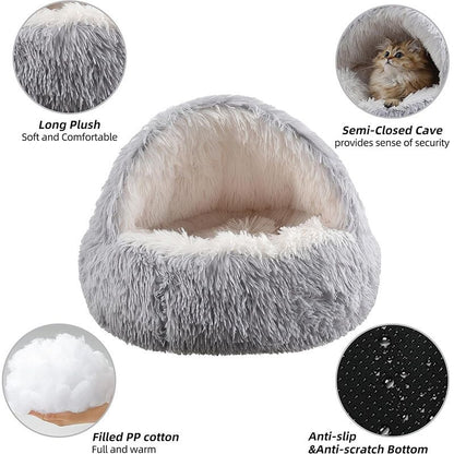 Grey Winter Long Plush Round Donut Cat Bed L Size Dia 50CM - Soft Fluffy Semi-Enclosed Pet Cave Bed with Non-Slip Base, Machine Washable for Cats Dogs Home and Travel Use