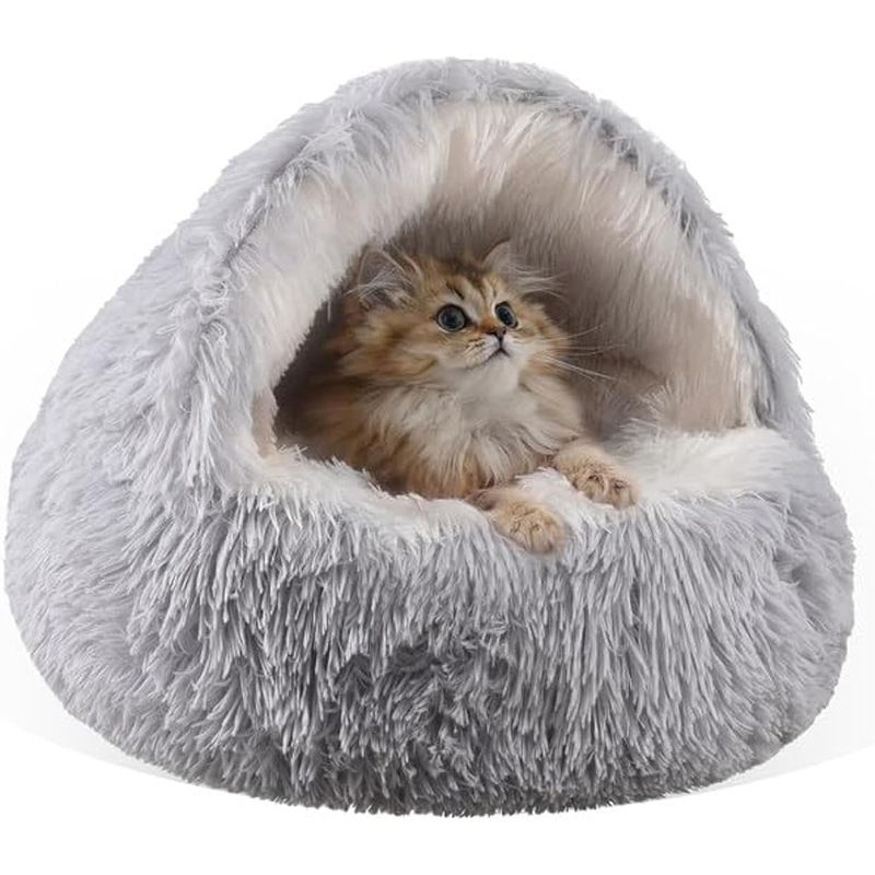 Grey Winter Long Plush Round Donut Cat Bed XL Size Dia 60CM - Soft Fluffy Semi-Enclosed Pet Cave Bed with Non-Slip Base, Machine Washable for Cats Dogs Home and Travel Use
