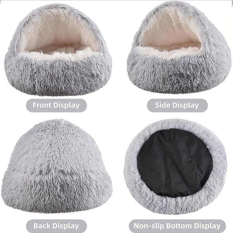 Grey Winter Long Plush Round Donut Cat Bed XL Size Dia 60CM - Soft Fluffy Semi-Enclosed Pet Cave Bed with Non-Slip Base, Machine Washable for Cats Dogs Home and Travel Use