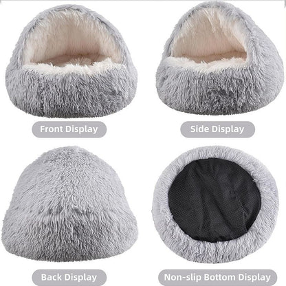 Grey Winter Long Plush Round Donut Cat Bed XL Size Dia 60CM - Soft Fluffy Semi-Enclosed Pet Cave Bed with Non-Slip Base, Machine Washable for Cats Dogs Home and Travel Use