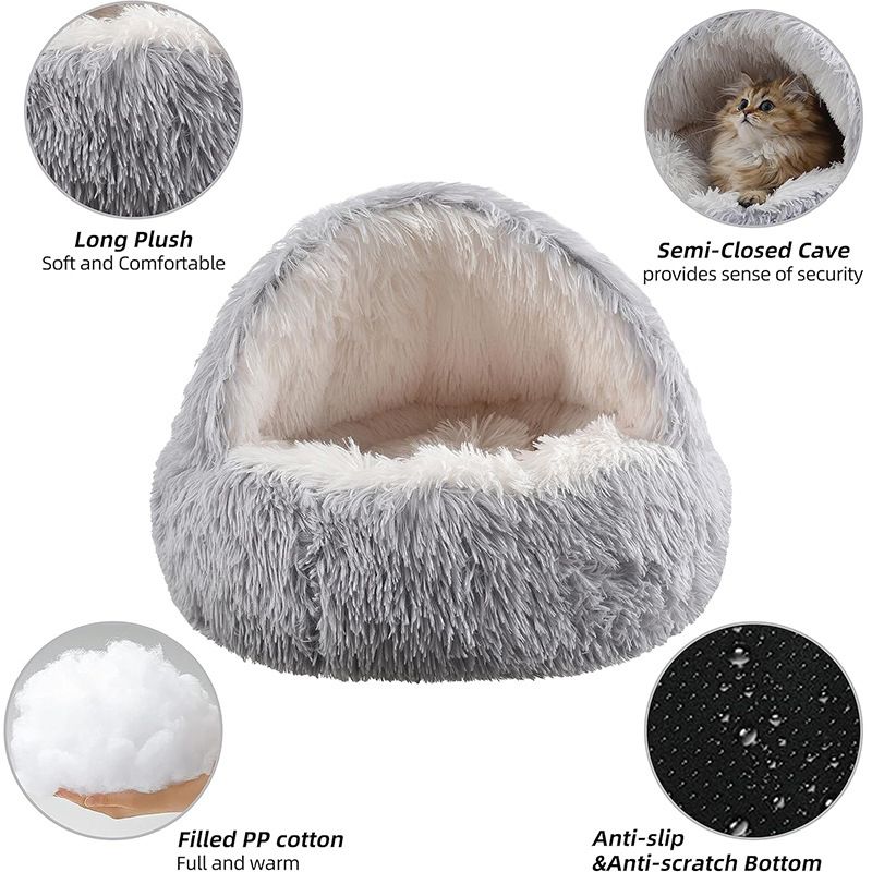 Brown Winter Long Plush Round Donut Cat Bed M Size Dia 40CM - Soft Fluffy Semi-Enclosed Pet Cave Bed with Non-Slip Base, Machine Washable for Cats Dogs Home and Travel Use