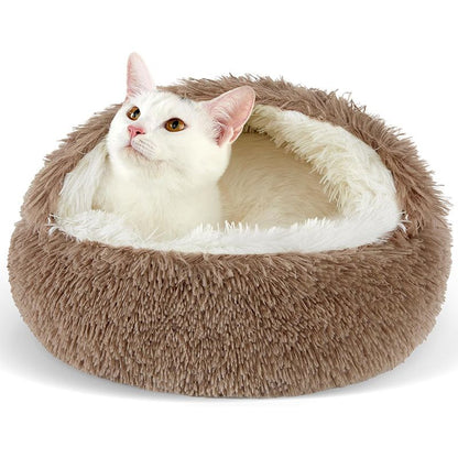 Brown Winter Long Plush Round Donut Cat Bed L Size Dia 50CM - Soft Fluffy Semi-Enclosed Pet Cave Bed with Non-Slip Base, Machine Washable for Cats Dogs Home and Travel Use