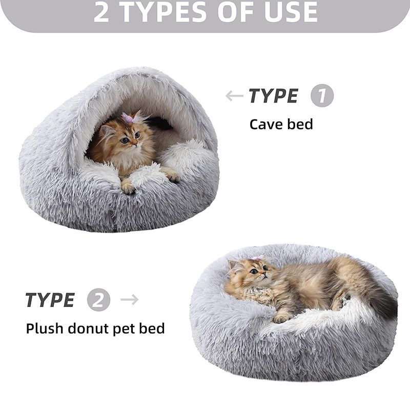 Pink Winter Long Plush Round Donut Cat Bed M Size Dia 40CM - Soft Fluffy Semi-Enclosed Pet Cave Bed with Non-Slip Base, Machine Washable for Cats Dogs Home and Travel Use
