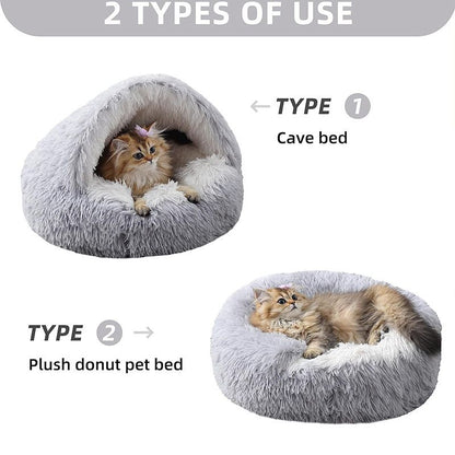 Pink Winter Long Plush Round Donut Cat Bed M Size Dia 40CM - Soft Fluffy Semi-Enclosed Pet Cave Bed with Non-Slip Base, Machine Washable for Cats Dogs Home and Travel Use
