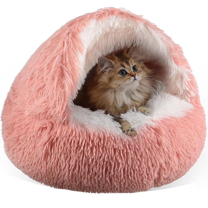 Pink Winter Long Plush Round Donut Cat Bed XL Size Dia 60CM - Soft Fluffy Semi-Enclosed Pet Cave Bed with Non-Slip Base, Machine Washable for Cats Dogs Home and Travel Use