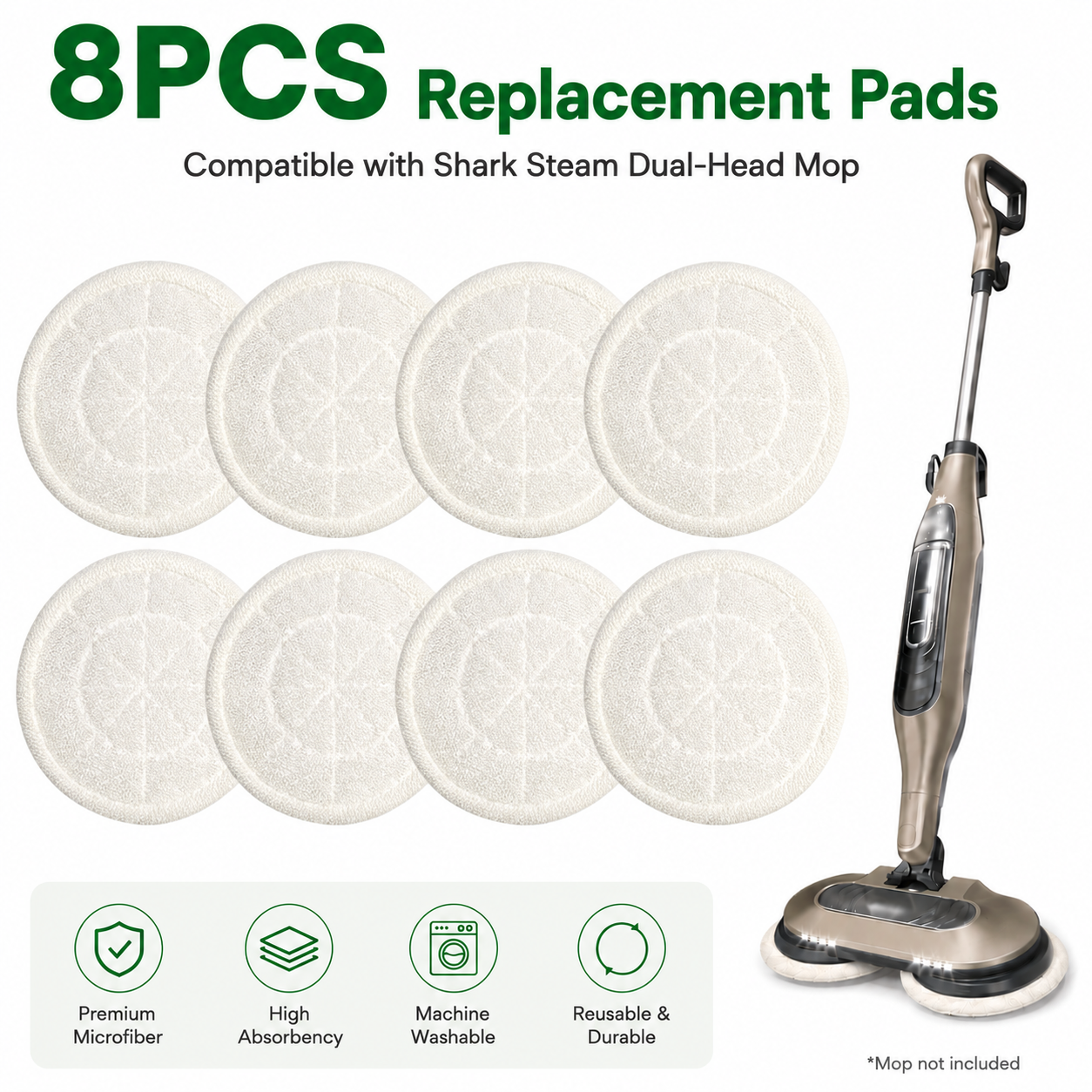 Style 2 Shark Steam Dual-Head Mop Replacement Pads 8 Pack - 7.5 Inch Reusable Round Microfiber Scrubbing Pads Compatible with Shark S7000, S7201, S8001, S8201, S7001, S7000AMZ, S7001TGT, S7005, S7020